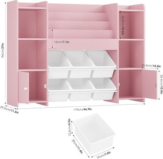 FINETONES Toy Storage Organizer with 6 Toy Bins, Toy Organizer Kids Bookshelf with 6 Cubbies, Toy Organizers and Storage Bins Playroom Storage for Kids Room, Pink