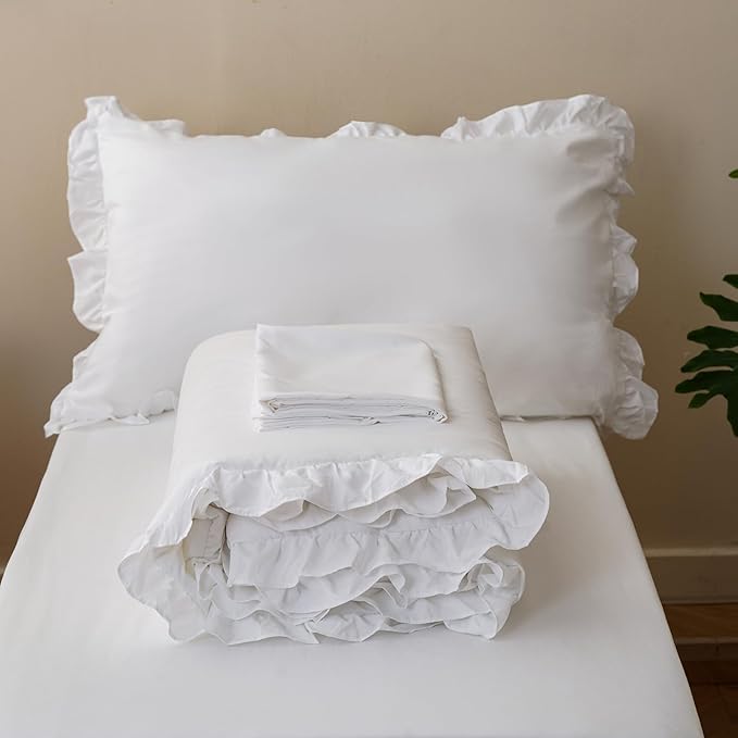 KAREVER White Toddler Bedding Set White Ruffles 4 Pieces Crib Bed Set Kids Vintage Comforter Set