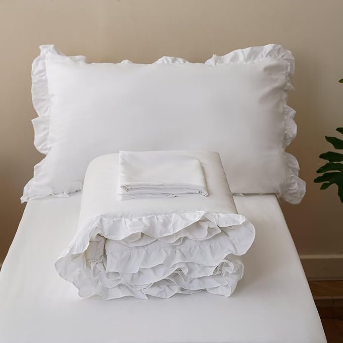 CLOTHKNOW White Toddler Bedding Sets, 4 Pieces White Ruffles Farmhouse Pattern, Soft Crib Bed Set Including Comforter, Flat Sheet, Fitted Sheet and Pillowcase