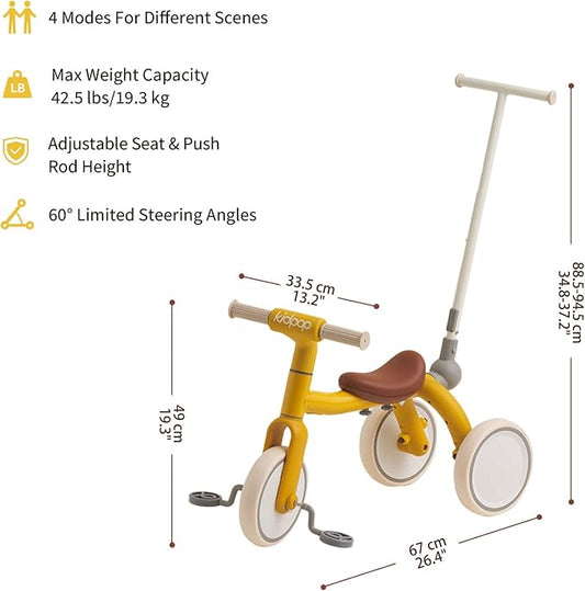 4-in-1 Toddler Tricycle with Adjustable Push Handle for 1-4 Year Old,Birthday Gift and Toy for Boys and Girls Removable Pedals Balance Bike&Scooter (Yellow)