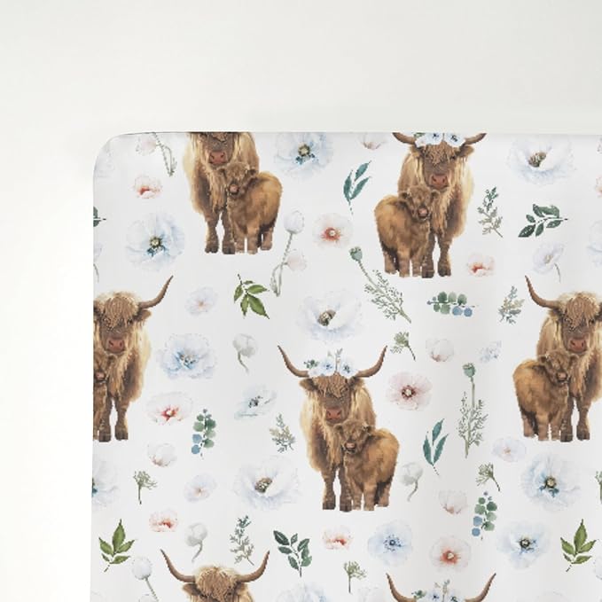 Boho Highland Cow Floral Baby Crib Sheets for Boy Girl 52"x28" Highland Yak Cattle Poppies Soft Snug Fitted Crib Mattress Cover Farmland Animal Baby Sheet for Standard Crib & Toddler Bed Mattress
