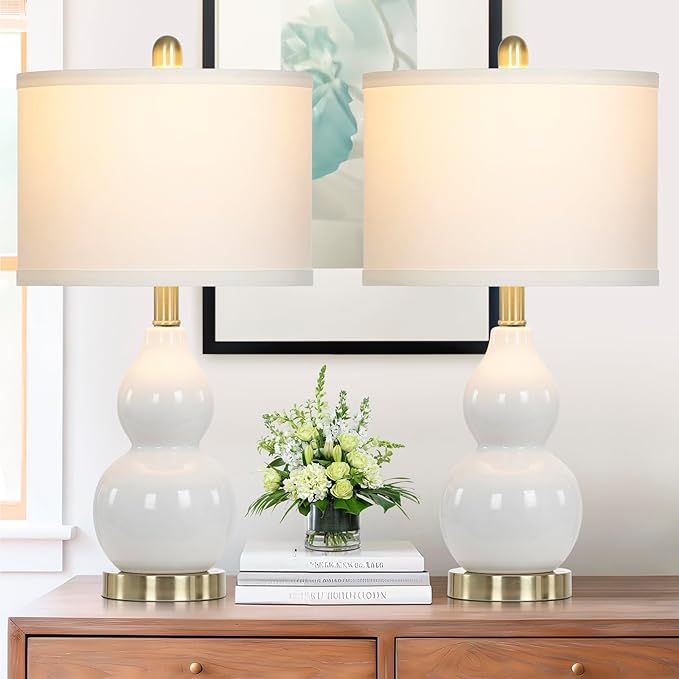 luxeflow 22" Modern Double Gourd Ceramic Table Lamps Set of 2, White Bedside Lamps for Living Room, Contemporary Nightstand Desk Lamps for Bedroom End Table Home Office Decor(2 LED Bulbs Included)