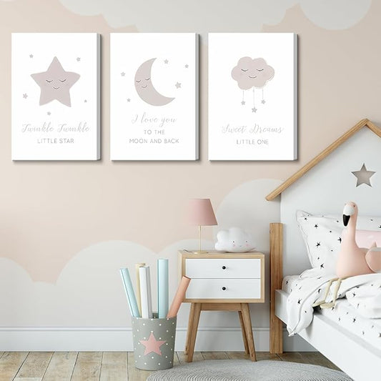 Framed Nursery Wall Art Beige Boho Moon Stars Cloud Canvas Wall Decor Neutral Nordic Baby Gentle and Sweet Cartoon Pictures Prints Posters for Boys Girls Bedroom Kids Room Ready To Hang 16x24inx3