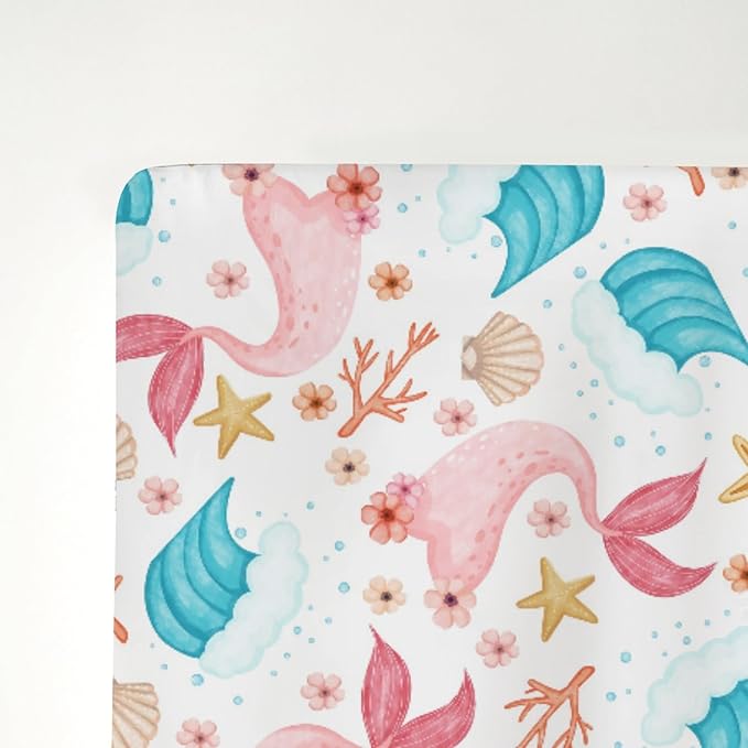 Mermaids Tails Baby Crib Sheets for Boy Girl 52x28Inch Fairytale Fish Floral Waves Starfish Conch Soft Snug Fitted Crib Mattress Cover Summer Beach Baby Sheet for Standard Crib & Toddler Bed Mattress