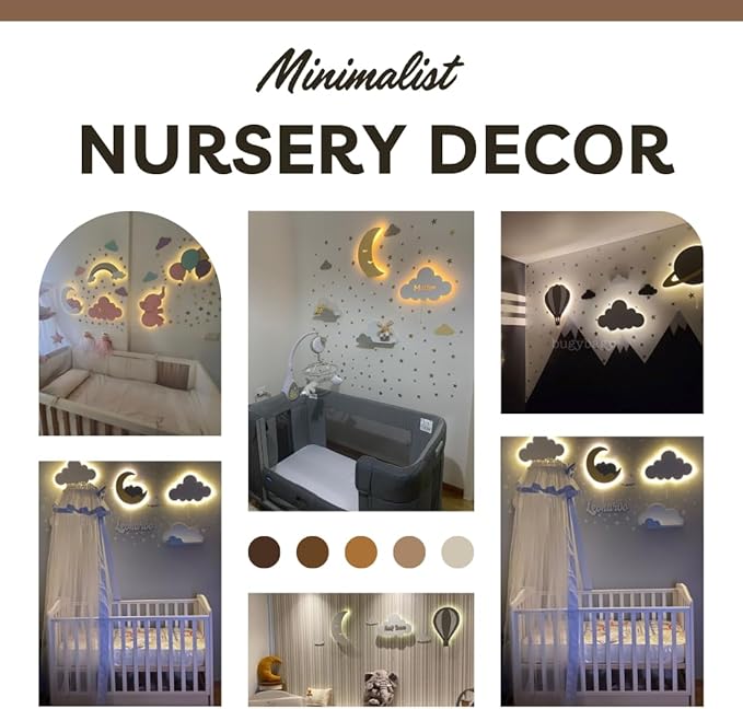 BugyBagy Nursery Wall Lamp Set β 3 Hand Painted Night Lights for Baby Room (Hot Air Balloon, Cloud, Elephant on Moon) + Bonus Wall Stickers β Soft Linen Colors Pink or Blue (Blue Theme 2)