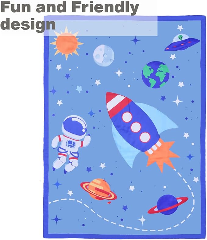 EVERYDAY KIDS 4 Piece Toddler Bedding Set - Outer Space Adventures - Includes Comforter, Flat Sheet, Fitted Sheet and Reversible Pillowcase