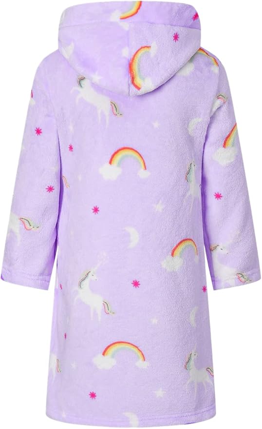Umeyda Girls Fleece Hooded Robes, Warm Printed Bath Robe for Kids Soft Fuzzy Bathrobe for Gifts
