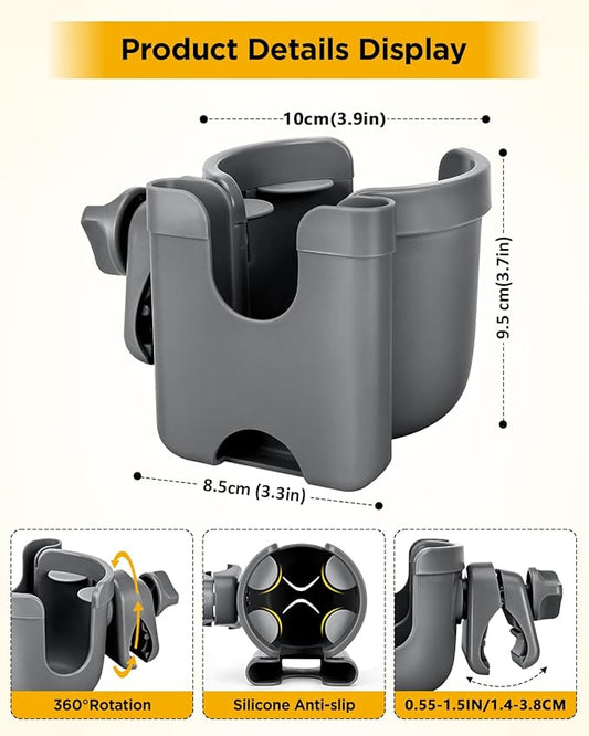 Universal Stroller Cup Holder with Mobile Phone Case, 2-in-1 Strollers Storage Rack, 360 Degrees Rotation Drink Holder for Bike, Pushchair, Wheelchair, Walker,Bicycle, Fits Most Cups (Gray)