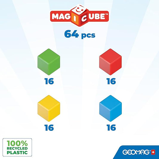 Geomag Magicube 64pcs Magnetic Blocks - Magnetic Building Blocks for Toddlers 1-3, Montessori Toys for 1+ Year Old, Autism Sensory Product, Magnets for Kids
