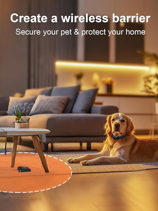FLYSPEAR Wireless Pet Barrier - Rechargeable Indoor Barrier with 6 Adjustable Range Radius up to 7 ft, 6 Adjustable Safe Static Intensity, Electric Fence for Dogs with Hook (Wireless Barrier Kit)