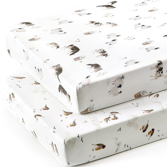 Stretch Ultra Soft Jersey Knit Fitted Crib Sheets Set 2 Pack,Fit All Standard Crib Mattress Pads Safe and Snug, Crib Fitted Sheet for Baby, Cute Watercolor Cows and Birds Print