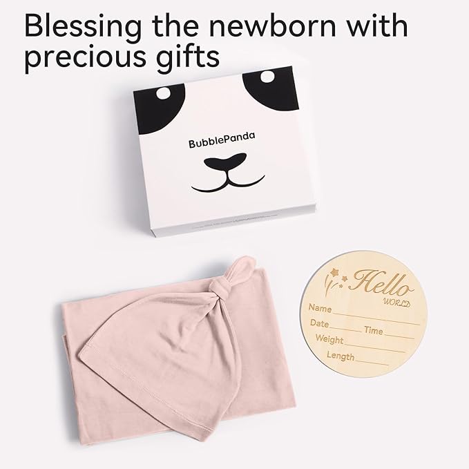 Rayon Made from Bamboo Newborn Swaddle Blanket Set with Matching Beanie, Super Soft Stretchy Baby Clothes Outfit for Girl Boy, Receiving Blankets Newborn Essentials, 47 x 47 Inch