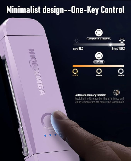 HIONXMGA Book Reading Light,Silent Touch Books Lamp for Reading in Bed,Rechargeable Clip on Booklight with 3 Amber Colors & 7 LEDs Precise Dimming for Eye Caring Night Reading,Book Lovers,Kids,Purple