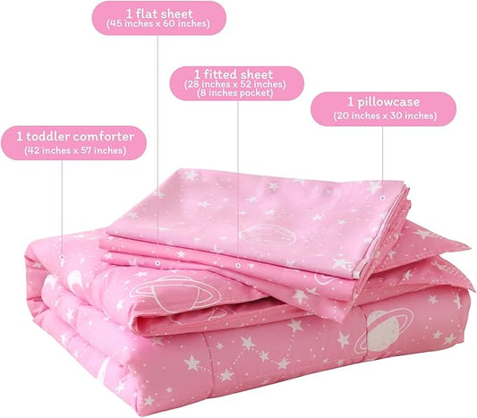 JSD Pink Moon Stars Toddler Bedding Set, 4 Piece Space Theme Bed-in-Bag Toddler Comforter Sheet Set, Machine Washable
