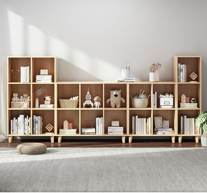 IOTXY Open Cube Low Bookcase - 3-Tier Freestanding Storage Display Cabinet Organizer with Legs for Home Office, 3-Cubes Open Shelf Short Bookshelf, Oak