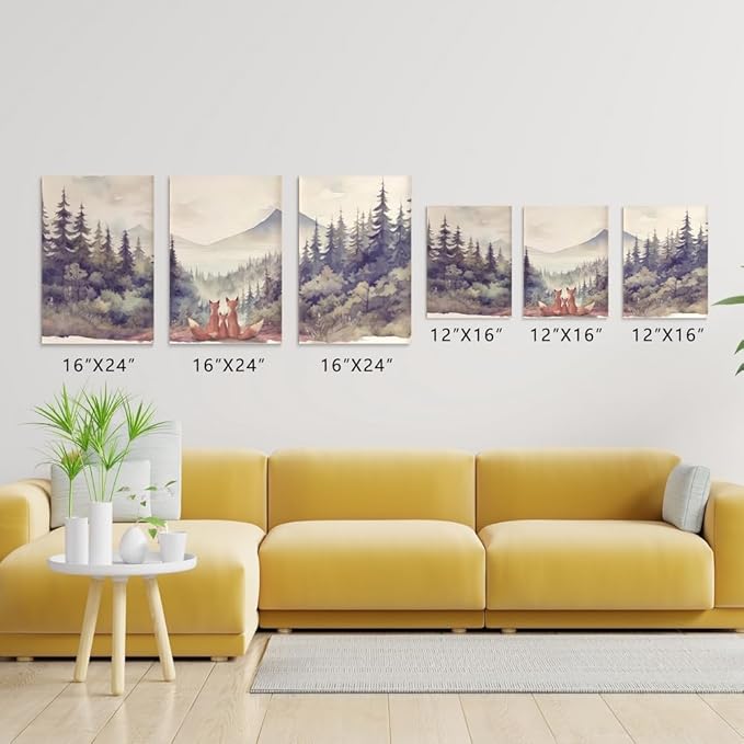 Fox Family Nursery Decor Print Vintage Family of Three Animal Wall Art Set of 3 Woodland Nursery Wall Decor Mountain Forest Nature Poster for Kid Baby Boy Girl Room Decor Framed Canvas 12"x16"x3