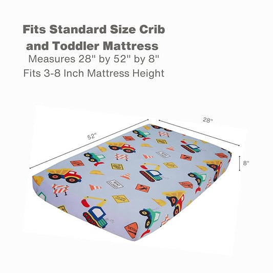 Everyday Kids Baby Boy Fitted Crib Sheet, Under Construction, 100% Soft Breathable Microfiber Baby Sheet, Fits Standard Size Crib Mattress 28in x 52in, Nursery Sheet