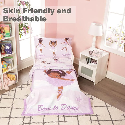 EVERYDAY KIDS 4 Piece Toddler Bedding Set – African American Ballerina - Includes Comforter, Flat Sheet, Fitted Sheet and Reversible Pillowcase – Girls Toddler Bedding