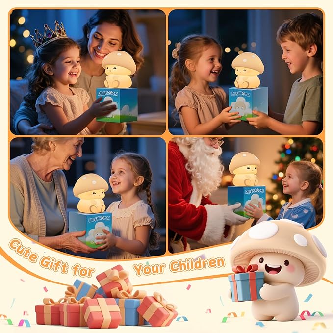 ICARER FAMILY Mushroom Night Light, White Silicone Night Lamp, Touch Control with 30/60 min Dimmble, 3 Brightness Levels, 7 Color Changing, LED Night Lights, USB-C Rechargeable, Gifts for Girls Boys