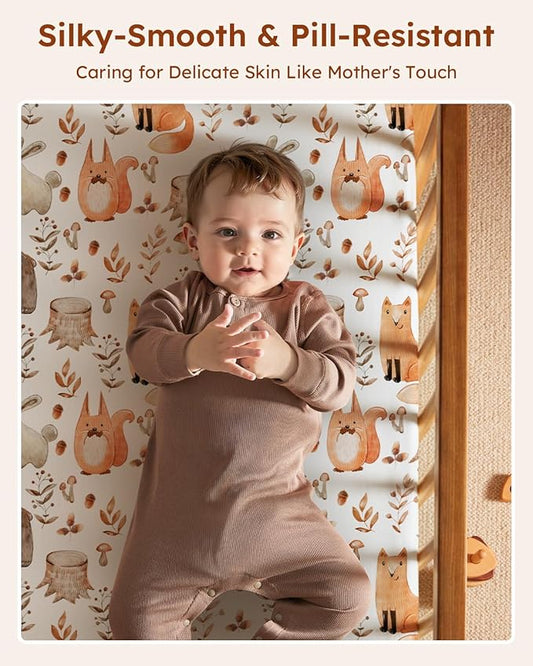 Pack and Play Sheets Fitted 3 Pack, Mini Crib Sheets for Pack N Play Mattress Stretchy Portable Playard Sheets, Soft Breathable Green & Brown Fox