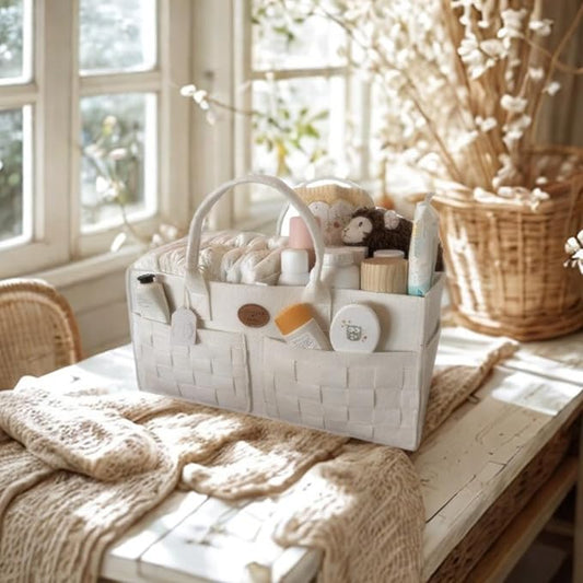 QGENUBA Baby Diaper Caddy Organizer for Nursery – Large Felt Storage Basket for Baby Essentials, Wipes & Diapers – Portable Nursery Organizer Bin for Changing Table or Living Room Winter White