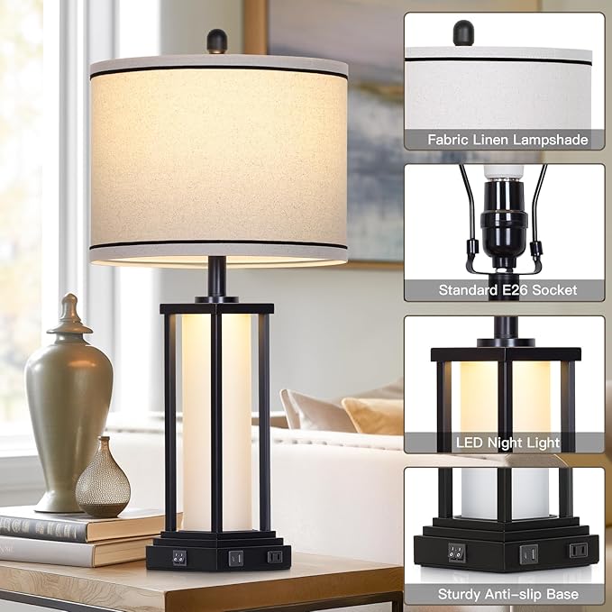 Cinkeda 27" Tall Vintage Table Lamp with USB C+A & Outlet,Black Industrial End Table Lamp for Living Room,Farmhouse Rustic Bedside Lamp with Frosted Glass Night Light for Bedroom Nightstand,Black-1P