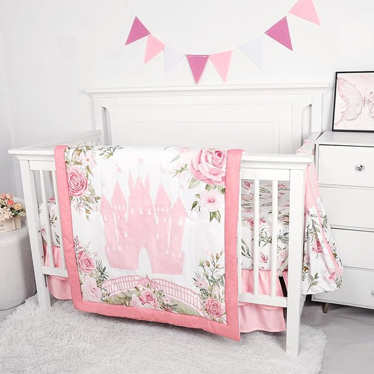 TANOFAR 4-Piece Crib Bedding Set for Baby Girls, Floral Castle Nursery Bedding Set Includes Comforter, Fitted Crib Sheet, Crib Skirt, and Diaper Stacker, Pink