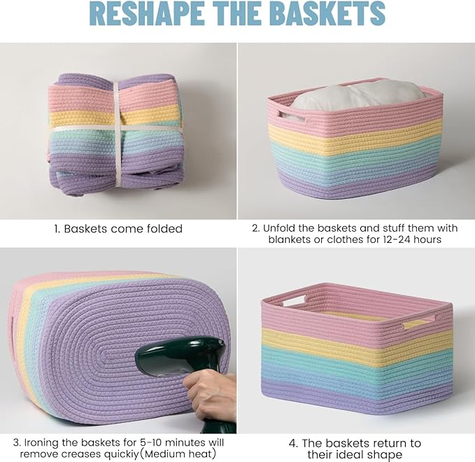 Yilobi 5 Pack Rainbow Woven Storage Baskets for Shelves, Decorative Toy Baskets Organizer for Kids Room, Nursery, Playroom, Classroom – Colorful Cotton Rope Toy Storage Bins for Organizing & Decor