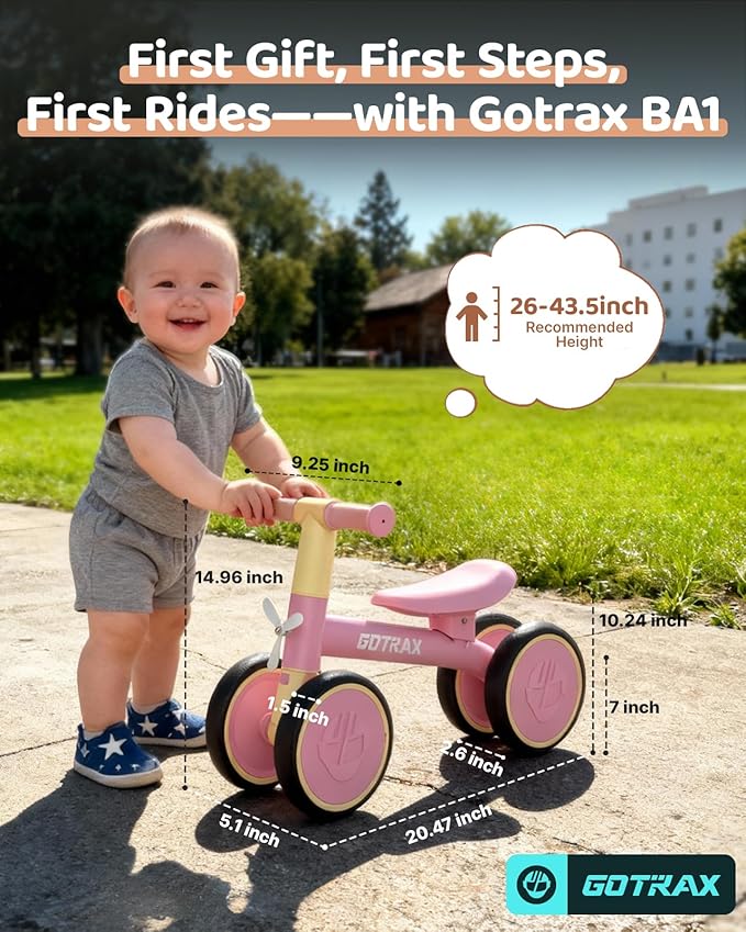 Gotrax Baby Balance Bike 1-2 Years, 7" Front & Rear Silent Wheels, Sturdy Steel Frame 66 lbs Load, Quick 2-Min Assembly, CPC Certified, Comfortable Soft Seat, Toddler Birthday Gift for Boys&Girls Pink