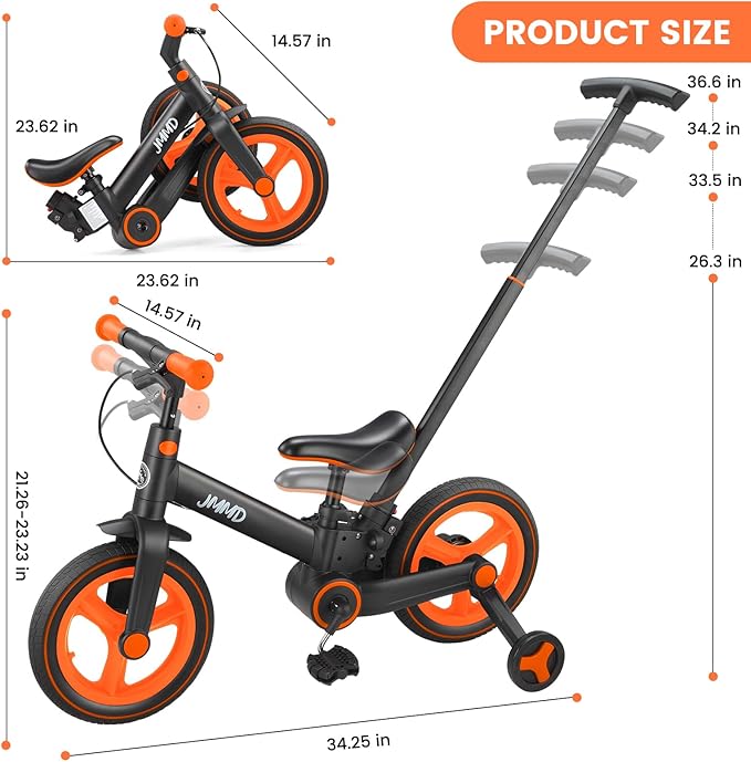 JMMD 6 in 1 Toddler Bike with Push Handle for Kids 18-60 Months, 12" Foldable Balance Bike with Training Wheels, Pedals, Brakes, Kickstand, Push Tricycle Toddler Gift & Toys for Boy & Girl