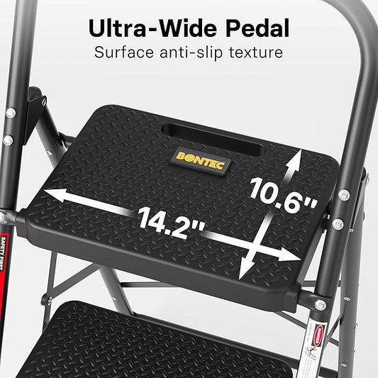 BONTEC 3-Step Ladder, Folding Step Stool, 600lbs Max Load Capacity, Sturdy Steel, Non-Slip Pedals, Lightweight, Portable Steel Ladder with Convenient Handrail, Safety Design for Home & Work, Black