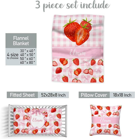 Personalized Strawberry Crib Bedding Set for Girls – Custom Name 3-Piece Pink Bow Nursery Bedding, Soft Blanket, Fitted Crib Sheet & Pillowcase, Baby Bedding for Newborn & Toddler
