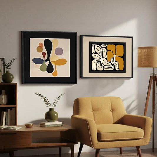 Framed Abstract Boho Bedroom Wall Art Set of 2, Neutral Black Floral Canvas Artwork for Walls, Mid Century Modern Design Art Paintings Prints for Living Room Bedroom Hallway Kitchen, 24x24 & 24x18 In