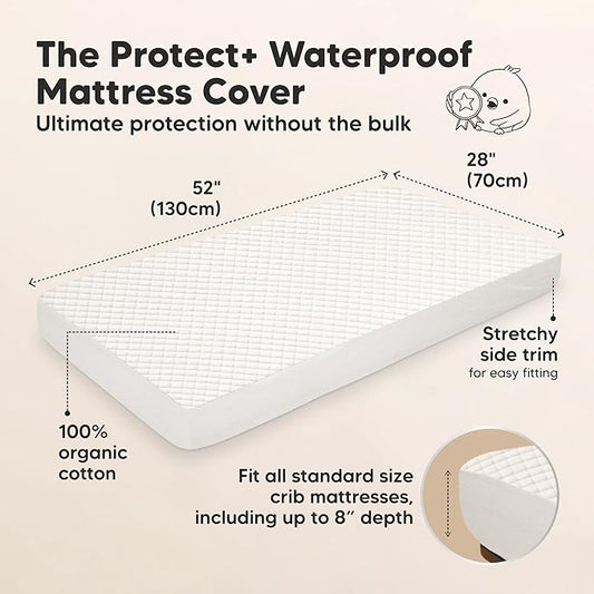 2-Pack Waterproof Crib Mattress Protector Cover Fitted - Quiet Baby Crib Mattress Pad Sheets, 52" x 28" Soft Quilted Cotton Baby Sheet, Machine Washable, Easy Fit, Durable (Soft White/Quin)
