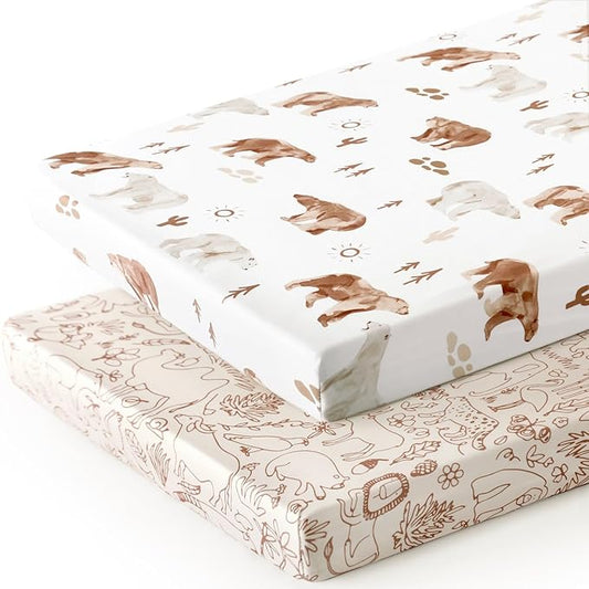 Stretchy Ultra Soft Jersey Knit Pack n Play Sheets Set 2 Pack, Portable/Mini Crib Sheets for Boys and Girls, Universal Fit for Pack N Plays Safe and Snug, Stylish Playard Sheets of Cute Animals Print