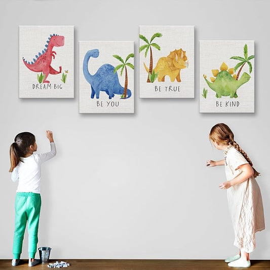 Cute Watercolor Dinosaur Prints Inspirational Motivational Quotes Canvas Wall Art Nursery Decor Wall Decor Funny Poster Artwork for Kids Room Classroom Bedroom Decorations,4PCS,Framed,8x10IN
