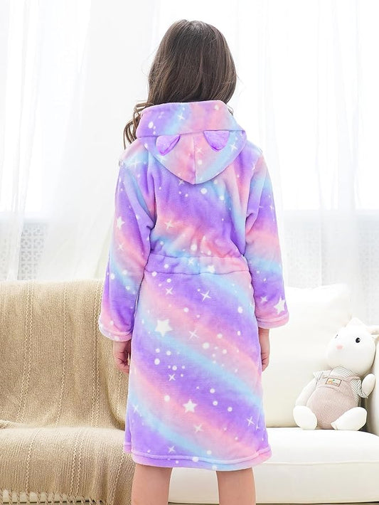 Doctor Unicorn Girls Leopard Cat Robe Kids Fleece Warm Hooded Bathrobe
