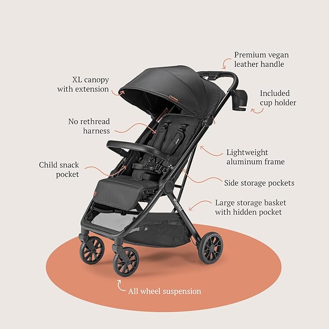 Bombi Bēbee V2 Lightweight Baby Stroller - Premium Vegan Leather, One-Hand Fold, Infinite Recline, Aircraft-Grade Aluminum Frame, XXL Canopy, and Ample Storage Umbrella Stroller - Onyx