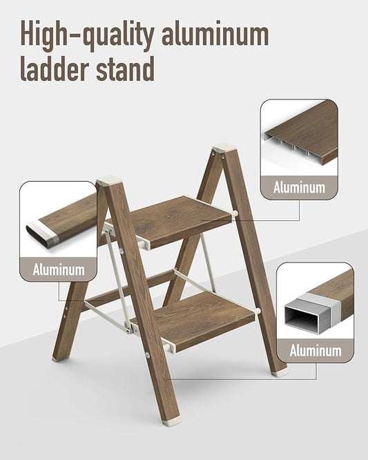 Mayi Plus 2 Step Ladder,Aluminum Folding Step Stool for Adults,Step Ladder with Wide Anti-Slip Pedal,330 lbs Capacity for Home,Kitchen,Library,Office(Cherry Woodgrain