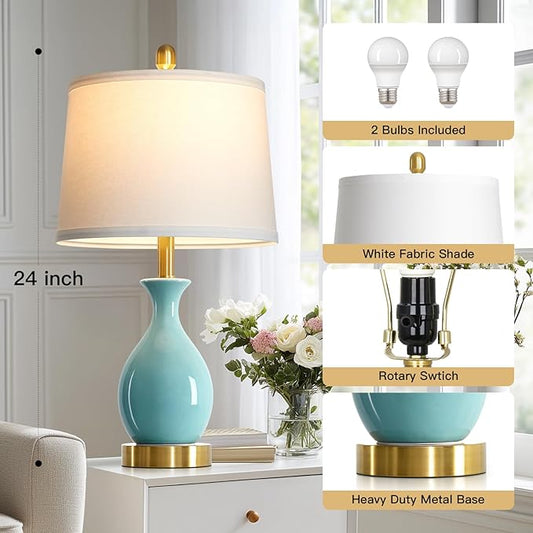 luxeflow 24" Bedroom Table Lamps Set of 2, Modern Classic Ceramic Lamps for Living Room, Small Bedside Table Lamp for Nightstand or End Table, Aqua Blue (2 LED Bulbs Included)
