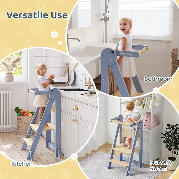 WeeGuruu Toddler Step Stool, Wooden Fold-able Standing Tower Kitchen Helper for Countertop, Bathroom, Montessori Kids Stool with Height Adjustable Platform for Ages 18 Mons to 6 Years Learning Skills