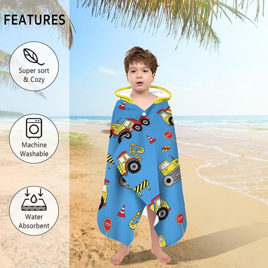 Thickened Hooded Towels for Kids Suitable Girls Boys Kids Bath Towels, 35"x60" Super Absorbent, Truck Cute Cartoon Toddler Towels Multi-Purpose for Beach, Pool and Bathroom