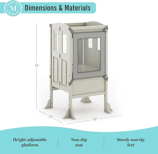 Martha Stewart Kitchen Helper ® Toddler Tower by Guidecraft - Taupe: Kids' Wood, Foldable, Adjustable Height Platform | Safe Cooking Learning Step Stool for Toddlers