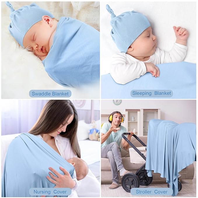 JaGely 2 Pack Baby Newborn Swaddle Blanket and Hat Set 47" x 47" Large Stretchy Receiving Blankets Set for Newborn Baby(Light Gray, Light Blue)
