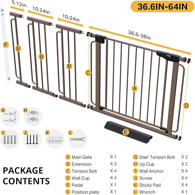 Cumbor 36.6-64" Extra Wide Baby Gate for Stairs, Dog Gates for Doorways, Auto-Close Pet Gate Indoor, Pressure Mounted Walk Through Safety Child Gate for Kids Toddler, Tall Pet Puppy Fence Gate, Brown