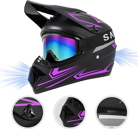 Youth Kids Dirt Bike Motocross Helmet (Goggles Gloves Face Mask) 4PCS Set, DOT Approved Girls Full Face Motorcycle Helmets, ATV BMX MX Mountain Bike Off Road Kid Helmet (Purple, L)