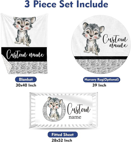 Custom Baby Crib Bedding Set, Personalized Name Little Wolf Theme Crib Set 3 Pcs, Soft Double Layer Blanket, Crib Sheet & Room Rug, Ideal Nursery Decor Gift for Baby Girls Boys
