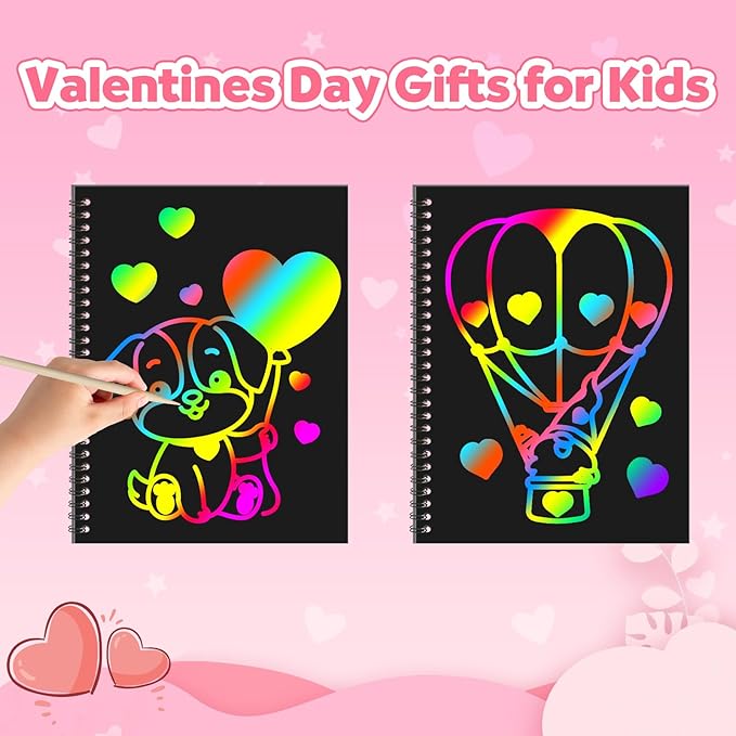 ZMLM Scratch Paper Art Craft: 2 Pack Rainbow Scratch Set for 3 4 5 6 7 8 9 10 Years Old Girls Boys Students Drawing Coloring Black Magic Art Supplies Kits Gifts School Birthday Party Toys (Valentines)