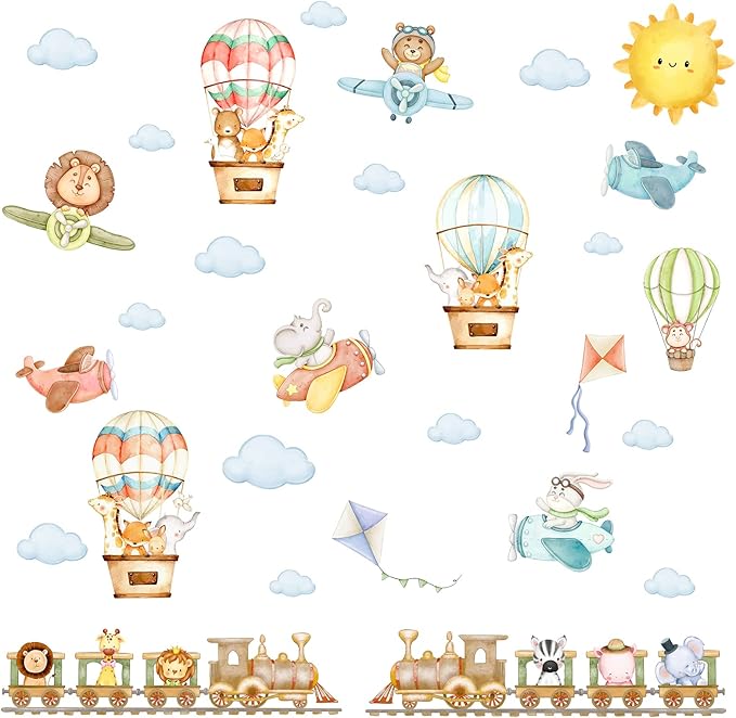 Train Animal Wall Stickers Cartoon Animal Wall Stickers Airplane Hot Air Balloon Decals Watercolor Sun Cloud Decals Cute Balloon Animals Sticker for Nursery Kids Room Playroom Decor