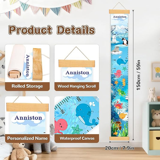 Personalized Name Height Chart for Kids, Canvas Ocean Animals Growth Chart for Wall Removable, Nursery and Playroom Wall Decor, Growth Chart for Boys Girls, Customized Gifts for Kids